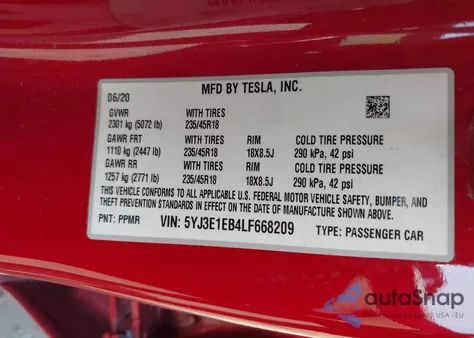 2020 Tesla Model 3 Long Range Dual Motor All-Wheel Drive from USA, damaged, VIN 5YJ3E1EB4LF668209